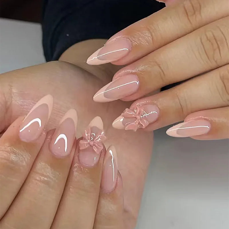 24Pcs Almond Press on Nail Mid-length French Heart False Nails Pink Pearl Bow Wearable Design Oval Manicure Full Cover Nail Tips