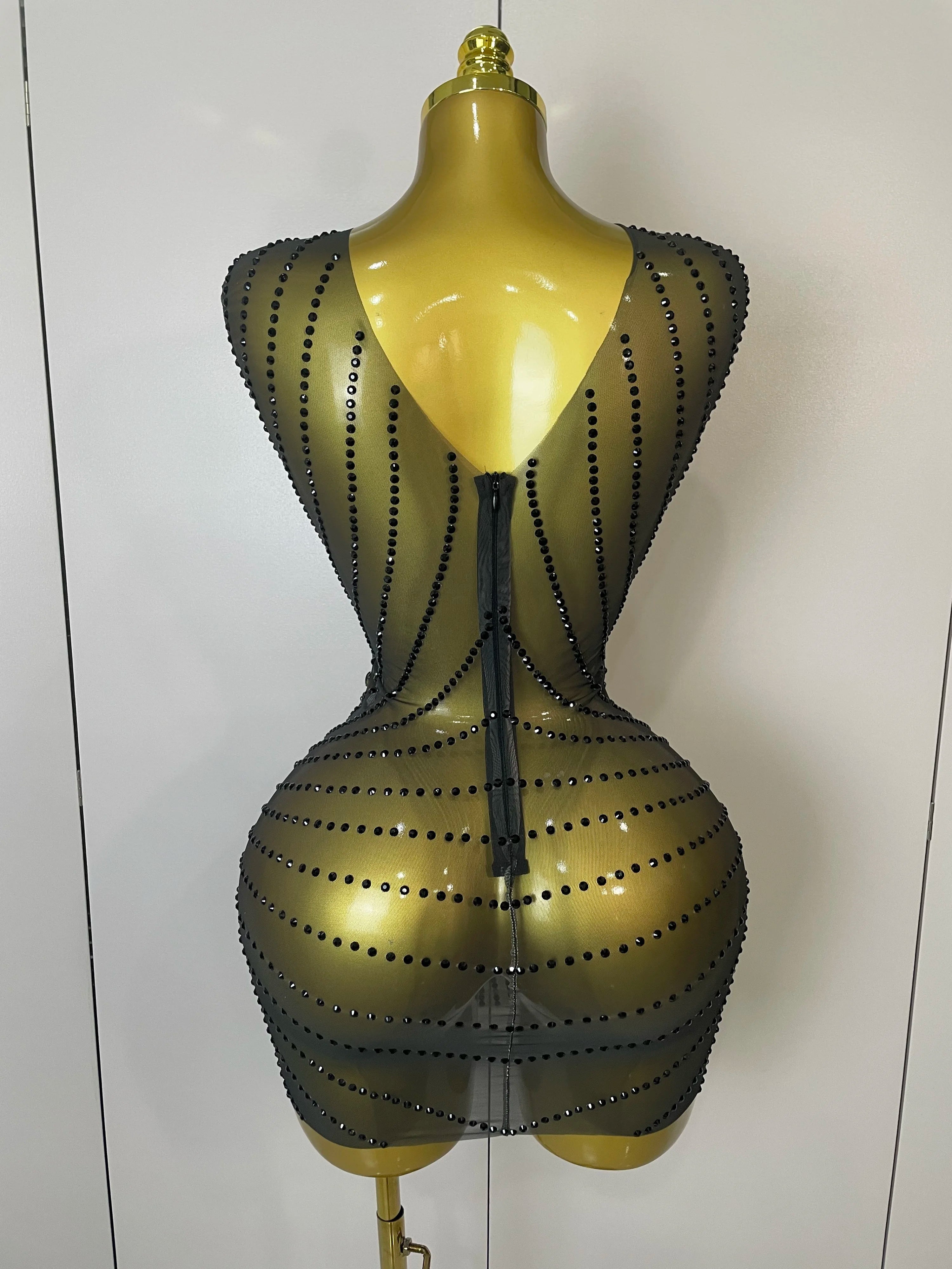 2025 Sparkly Gold Rhinestone Transparent Sleeveless Mini Dress Evening Birthday Celebrate Party Nightclub Performance Costume