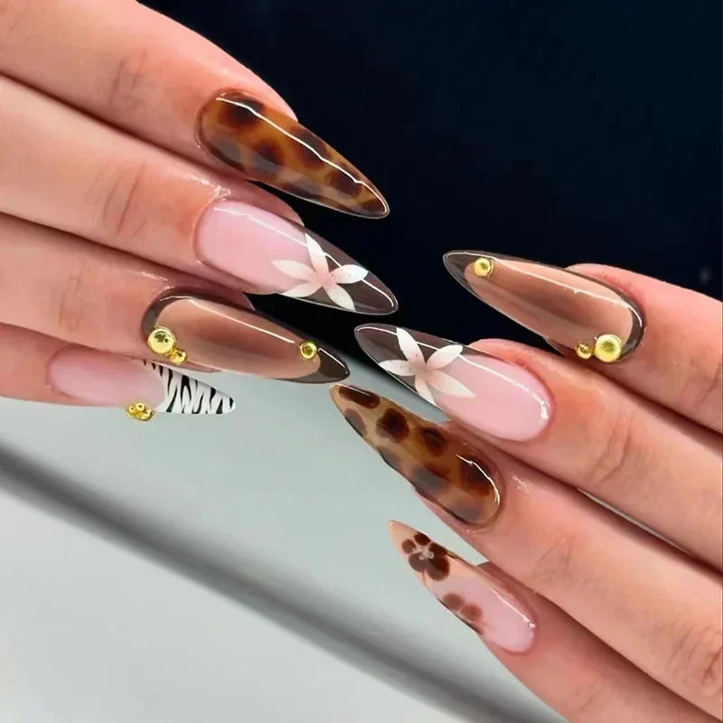 24Pcs Autumn Winter Matte Almond False Nails with Glue Rose Leaf Printing Nail Art Simple Full Cover Press on Acrylic Nails Tips
