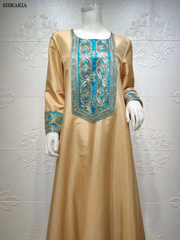 Fashion Solid Sequins Embroidery Abaya African Turkish Women Kaftan Clothing Jalabiyat Long Sleeve O-Neck Party Dress