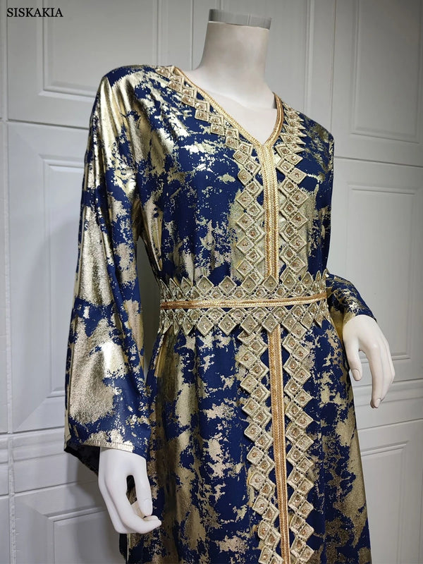 Luxurious Women's Jalabiyat Moroccan Kaftan Abaya Dubai Print V-Neck Guipure Lace Tape Belted Dress Islamic Dresses For Women