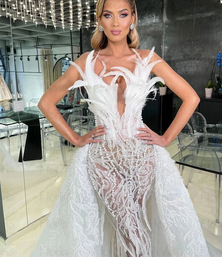 Floria Ivory Feather Mermaid Wedding Dresses Luxury For Women Detachable Train Bridal Gowns Formal Prom Gowns for Wedding