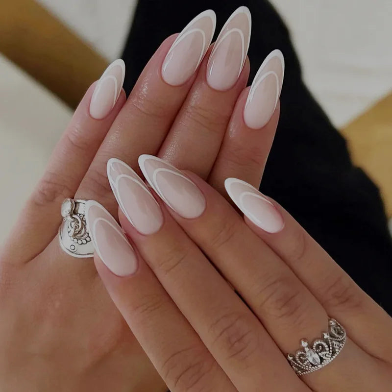 White French Style Fake Nails Gentle Pink Press on Nails 3D Bowknot Design Almond Charm Manicure Korean Fashion False Nail 24Pcs