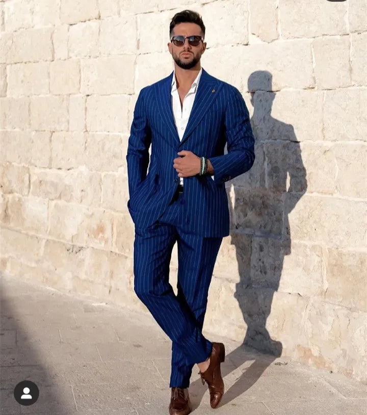 Blue Stripe Men Suits Slim Fit Wide Peak Lapel Groom Tuxedo for Wedding Wear 2 Pieces Male Fashion Blazer with Pants 2023