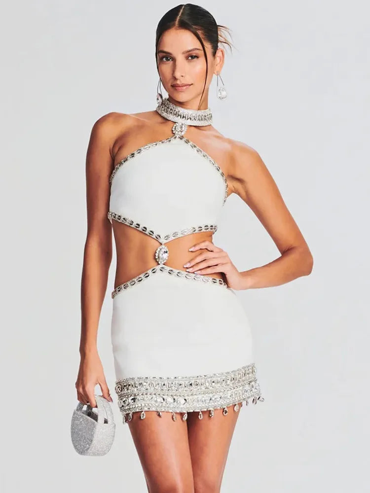 Women Celebrity Sexy Cut Out Halter White Diamonds Crystal Mini Bodycon Bandage Dress Elegant Evening Club Party Outfit