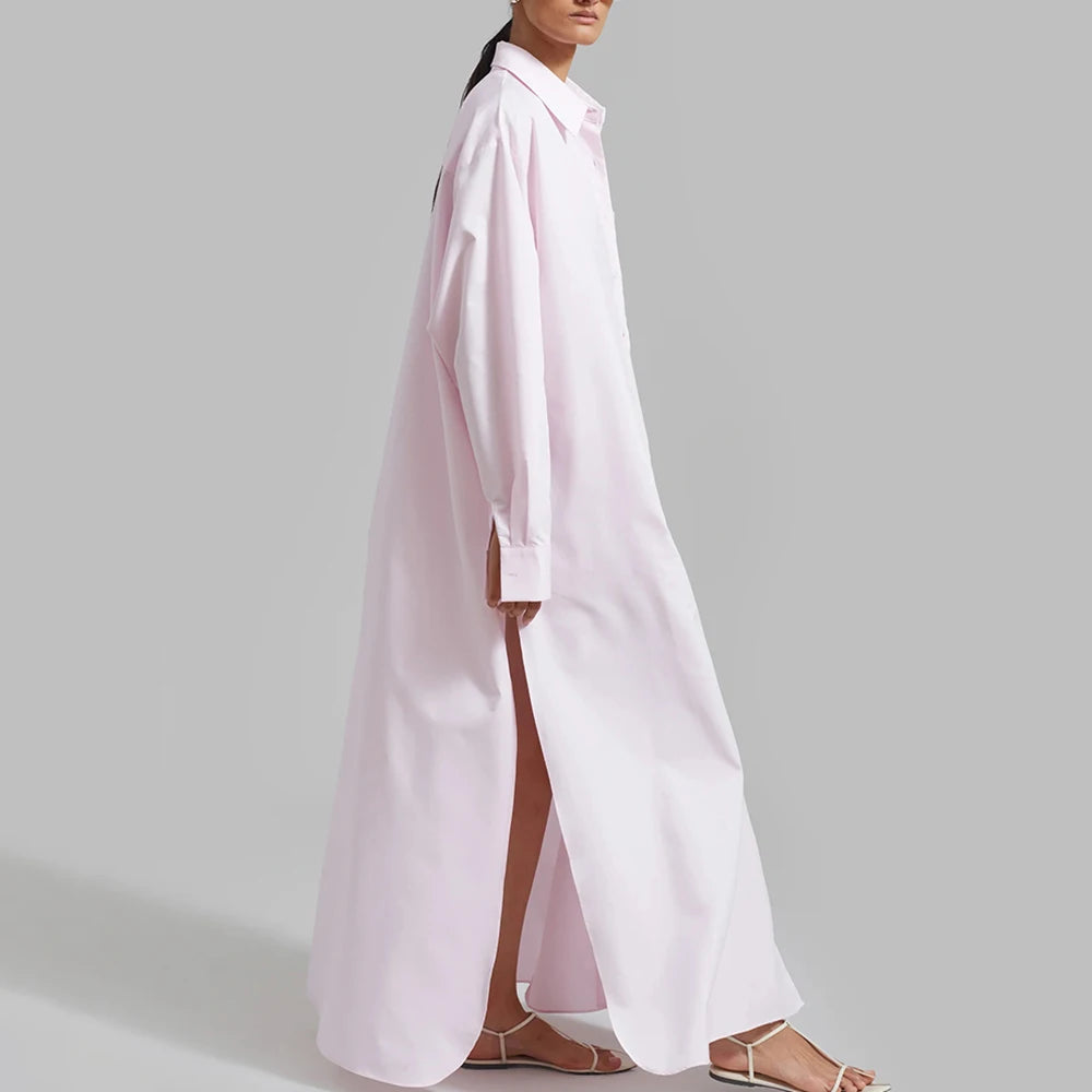 TWOTWINSTYLE Solid Minimalist Split Dresses For Women Lapel Long Sleeve High Waist Patchwork Single Breasted Loose Dress Female