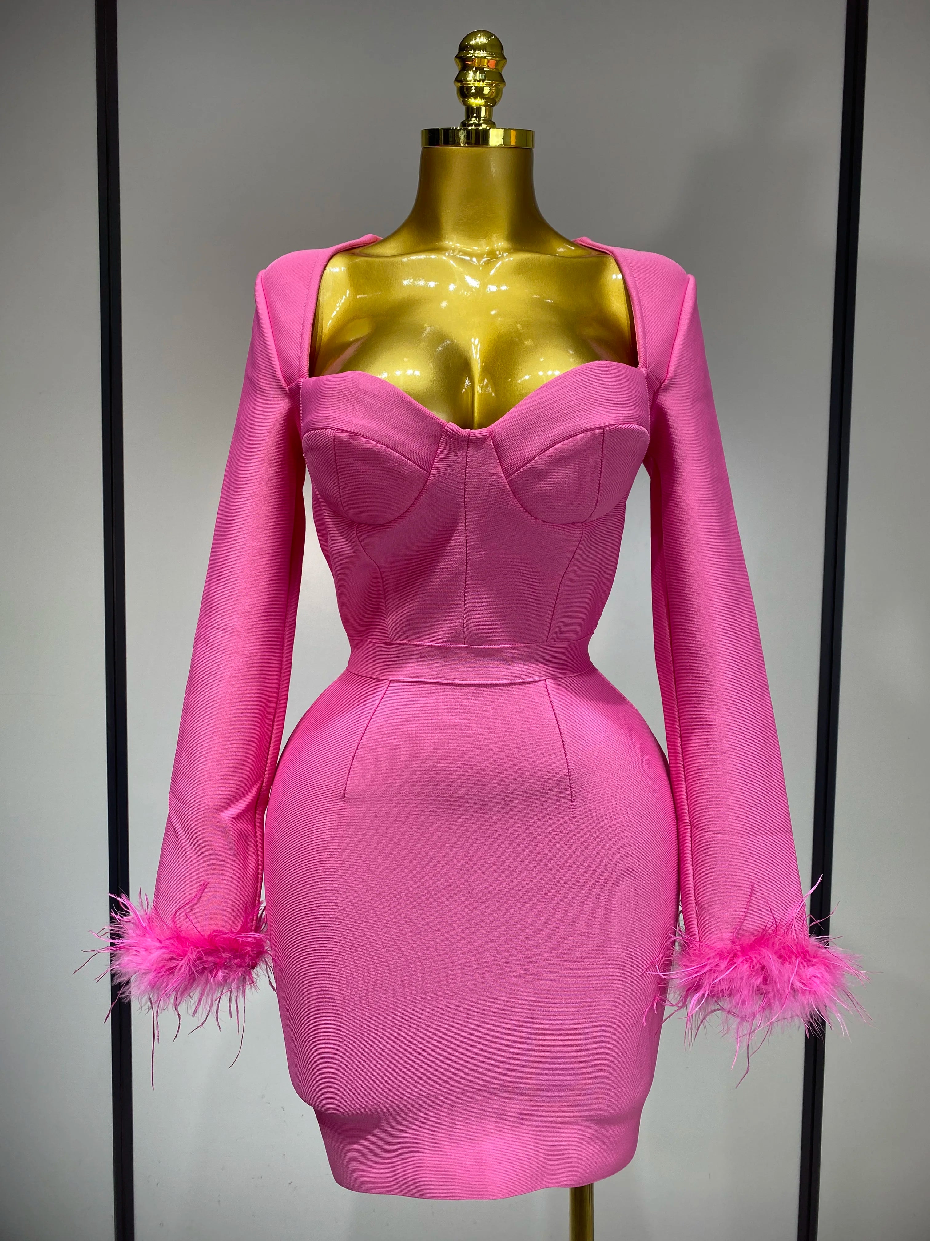 Women Fashion Sexy Long Sleeve Feathers Mini Bodycon Bandage Dress 2025 Elegant Evening Party Club Luxury Birthday Dresses
