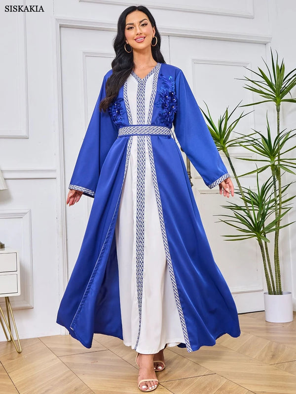 Fashion Moroccan Kaftan For Women 2 Piece Set Sashes Guipure Lace Insert Full Sleeve Elegant Chic Female Long Dresses