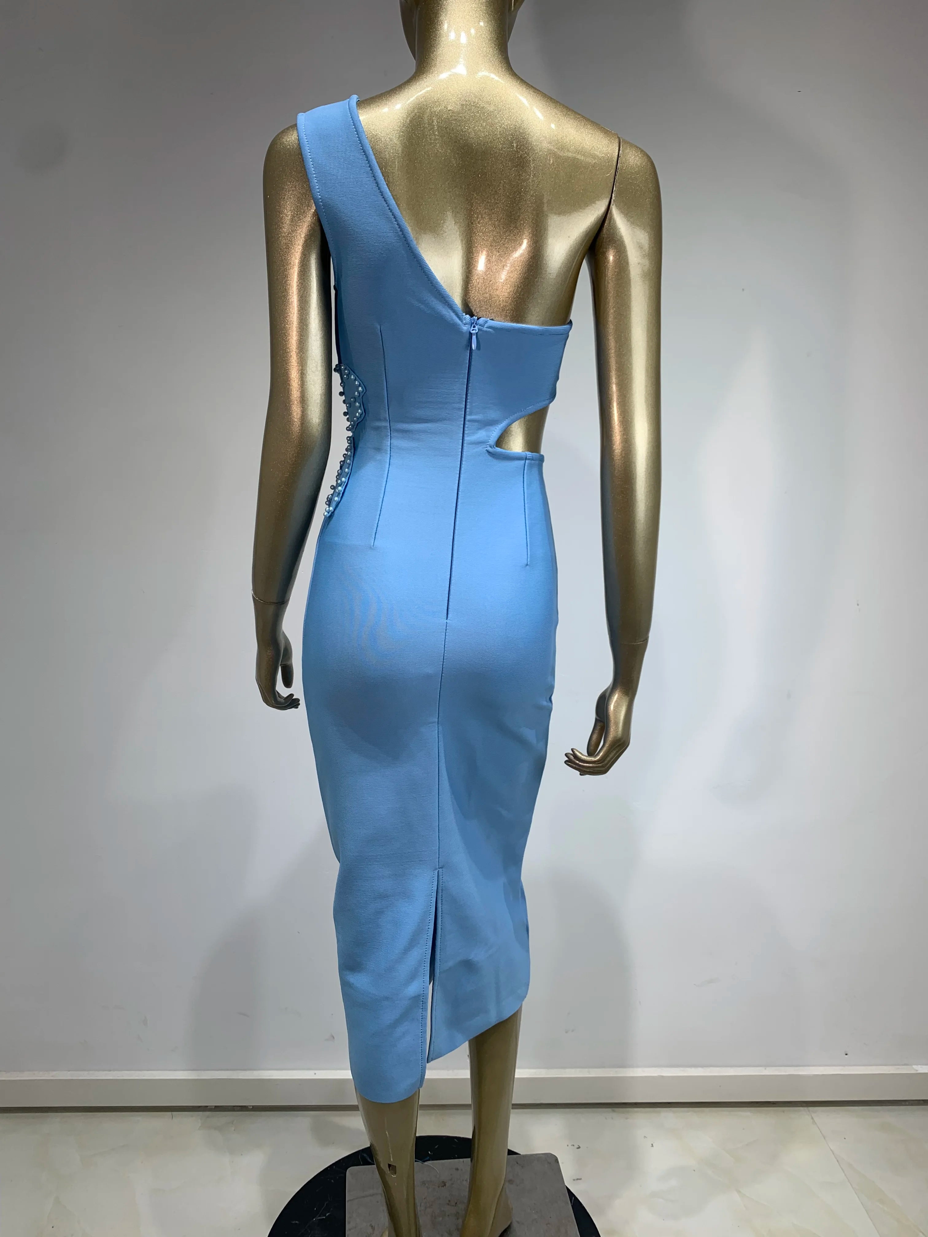 Bandage Dress Women Celebrity Sexy One Shoulder Cut Out Sky Blue Flower Midi Bodycon Elegant Evening Club Party Dress