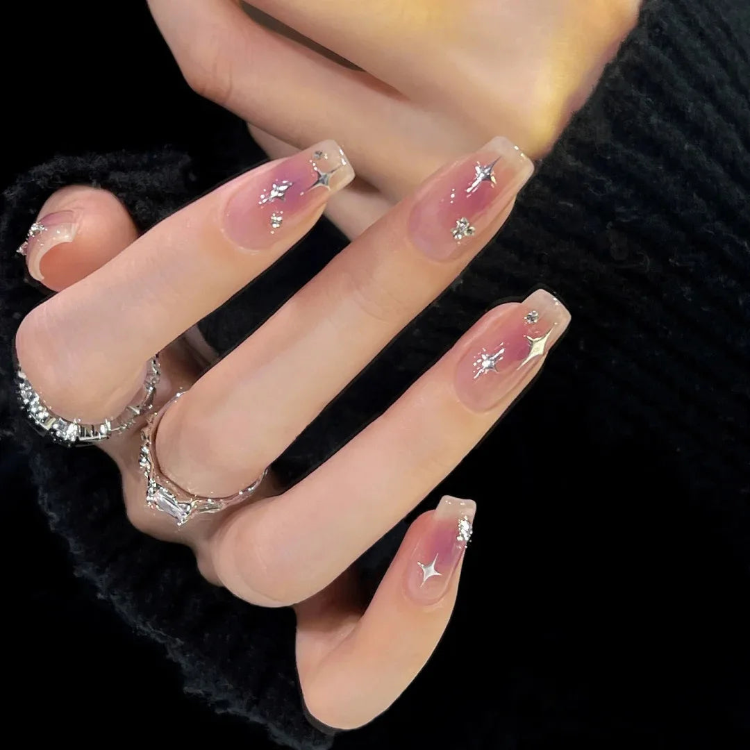 24Pcs Almond Press on Nails Y2K Star Diamond Designs for Cool Girls Nude Color Fake Nails for Women Full Cover False Nail Tips