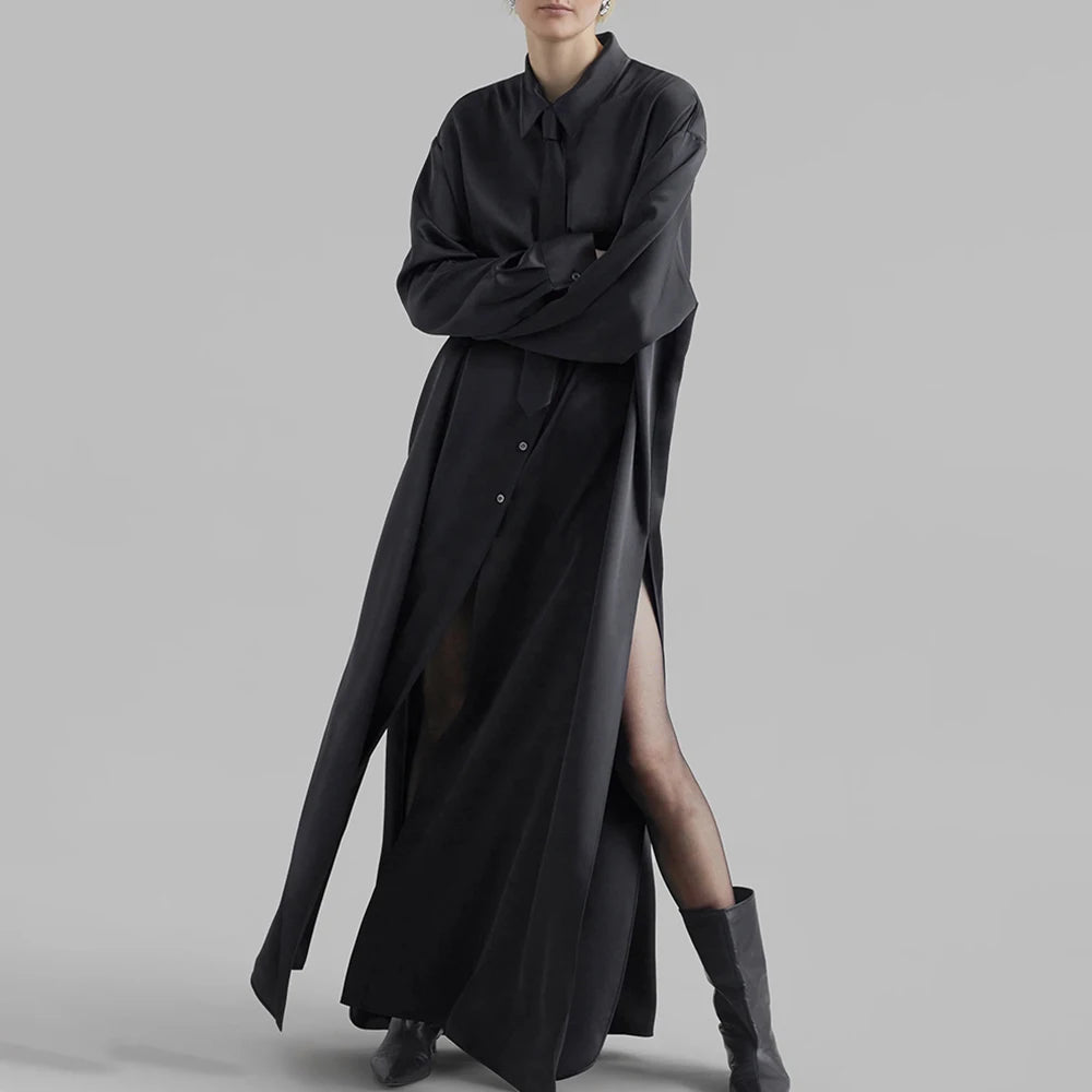 TWOTWINSTYLE Solid Minimalist Split Dresses For Women Lapel Long Sleeve High Waist Patchwork Single Breasted Loose Dress Female