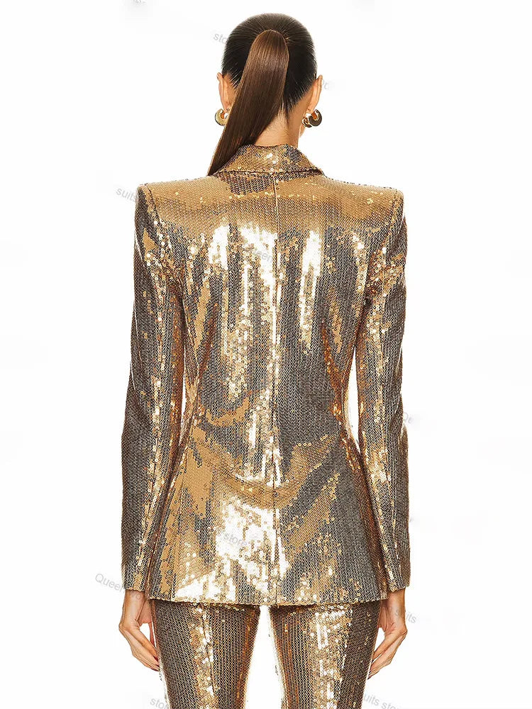 2025 New Arrival Women Long Sleeve Shinning Sequins Single Button Slim Coat 2 Pieces Women's Set Formal Evening Celebrate Party