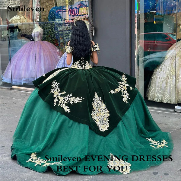 Caftan Evening Dress Hunter Green Ball Gown Prom Dresses Off The Shoulder Velvet Long Sleeve Evening Formal Party Dress