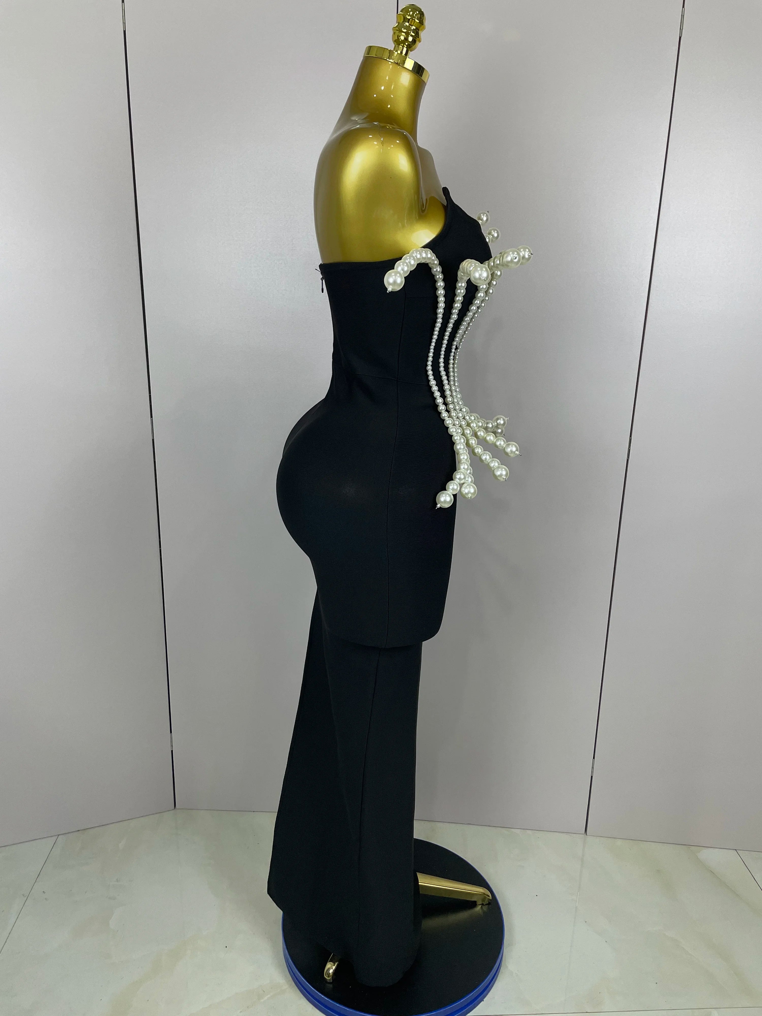 2025 New Sexy Strapless Pearl Beading Bodycon Long Bandage Dress  Women Fashion Elegant Evening Party Luxury Birthday Dresses