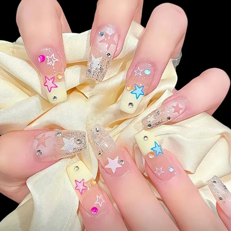 24Pcs Almond Press on Nails Y2K Star Diamond Designs for Cool Girls Nude Color Fake Nails for Women Full Cover False Nail Tips