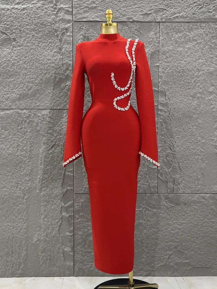 Black Red Women Long Sleeve Shinning Crystal Bodycon Long Bandage Dress Elegant Evening Party Cocktail Outfit Vestido