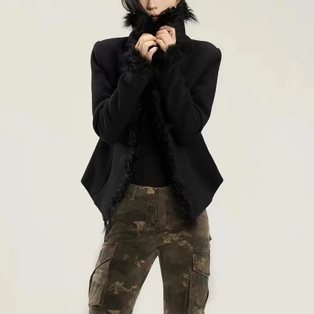 TWOTWINSTYLE Solid Spliced PU Leather Coats For Women Lapel Long Sleeve Patchwork Fur Vintage Thick Coat Female Fashion Clothing