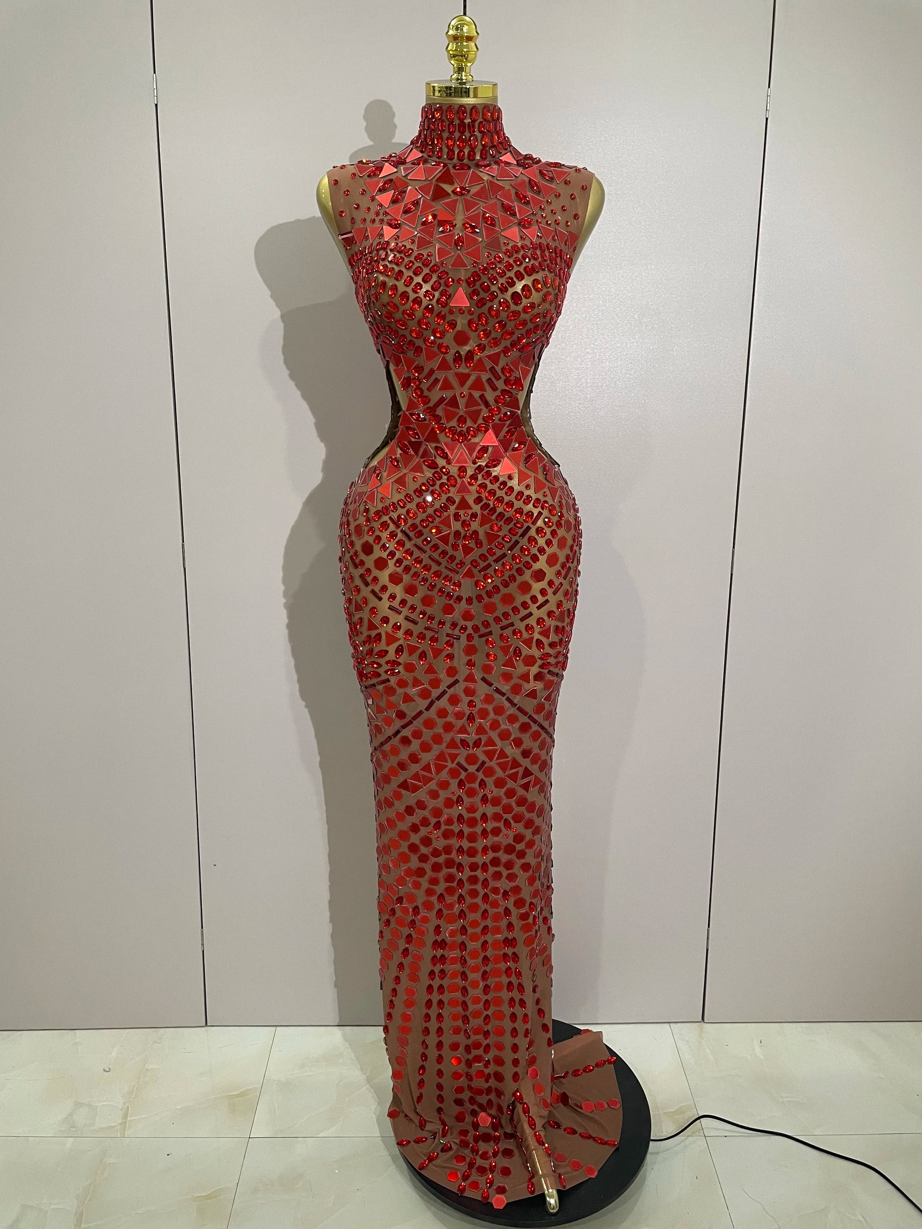 Luxury Shiny Mirror Rhinestones Hollowed-out Long Dress 2025Women Celebrity Evening Party Catwalk Prom Stage Photo Shoot Dresses