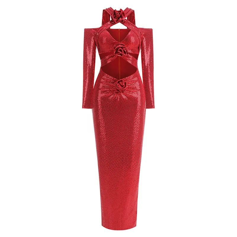 Rosered Color Women Long Sleeve Sexy Keyholes Shinning Sequins Bodycon Long Dress Evening Party Celebrate Cocktail Dress