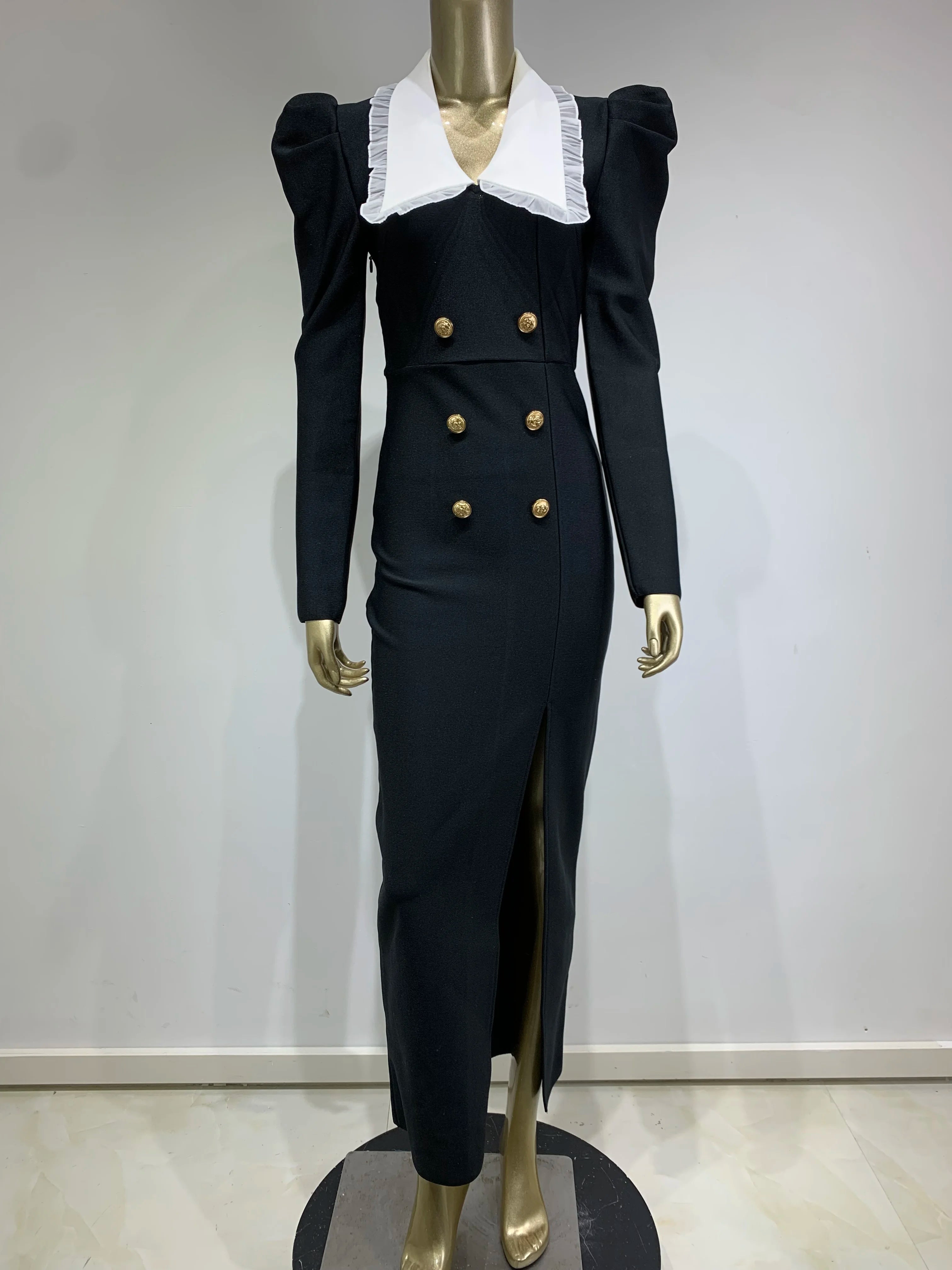 Women Celebrity Sexy Long Sleeve Patchwork Button Black Long Bodycon Bandage Dress Elegant Evening Club Party Dress