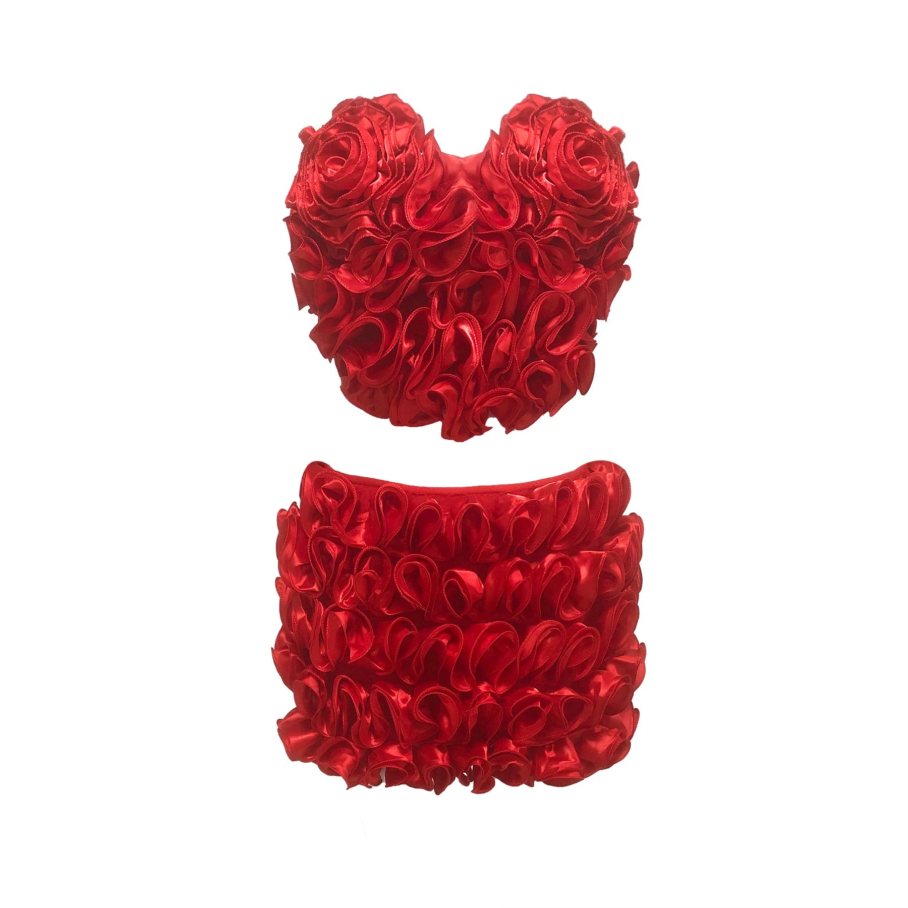 Red Color Women Sexy Strapless Full Florals 2 Pieces Bodycon Mini Bandage Dress Celebrate Birthday Party Girls' Outfit