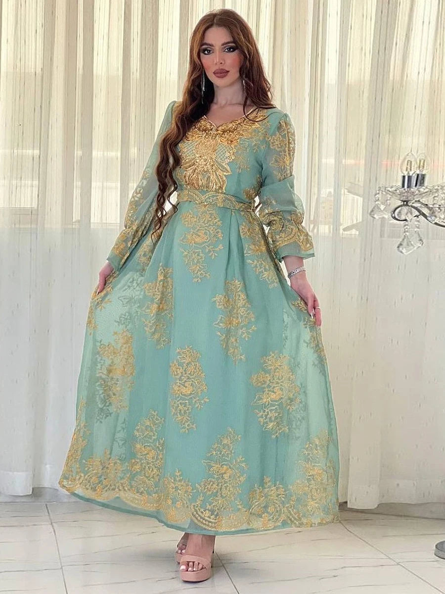 Muslim Evening Dress for Women Arab Dubai Moroccan Kaftan Chic Mesh Sequins Applique Embroidery Party Abaya Eid al-Adha Light Green Dress