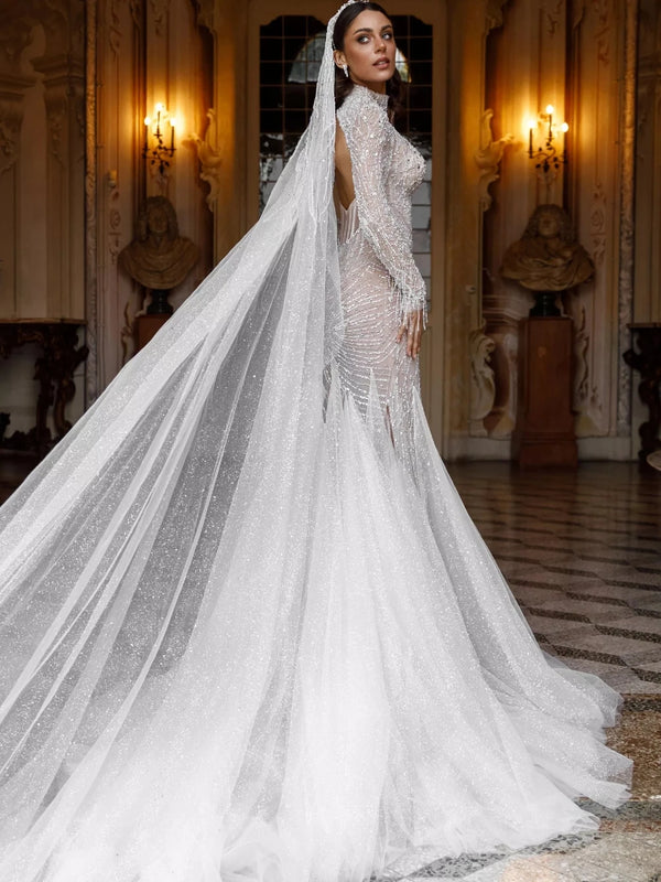 Modest High Collar Long Sleeve Wedding Dress Sparkly Sequins Crystal Bridal Gown Graceful Mermaid Bride Robe Vestidos De Novia
