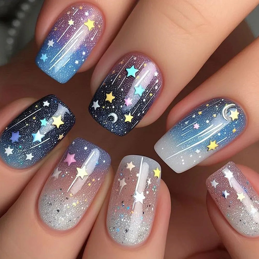 24Pcs Short Colorful Fake Nails French Ballet Star Moon Nail Art Stickers with Shiny Dreamy Wearable Full Cover Finger Press On
