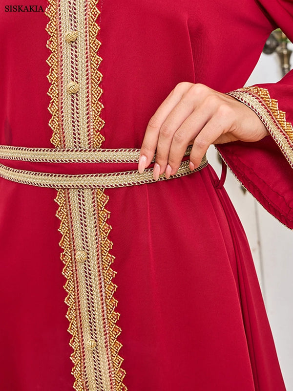 Fashion Solid Abaya Islamic Tape Trim Full Sleeve V-Neck Belted Clothing Elegant Casual Moroccan Kaftan For Women