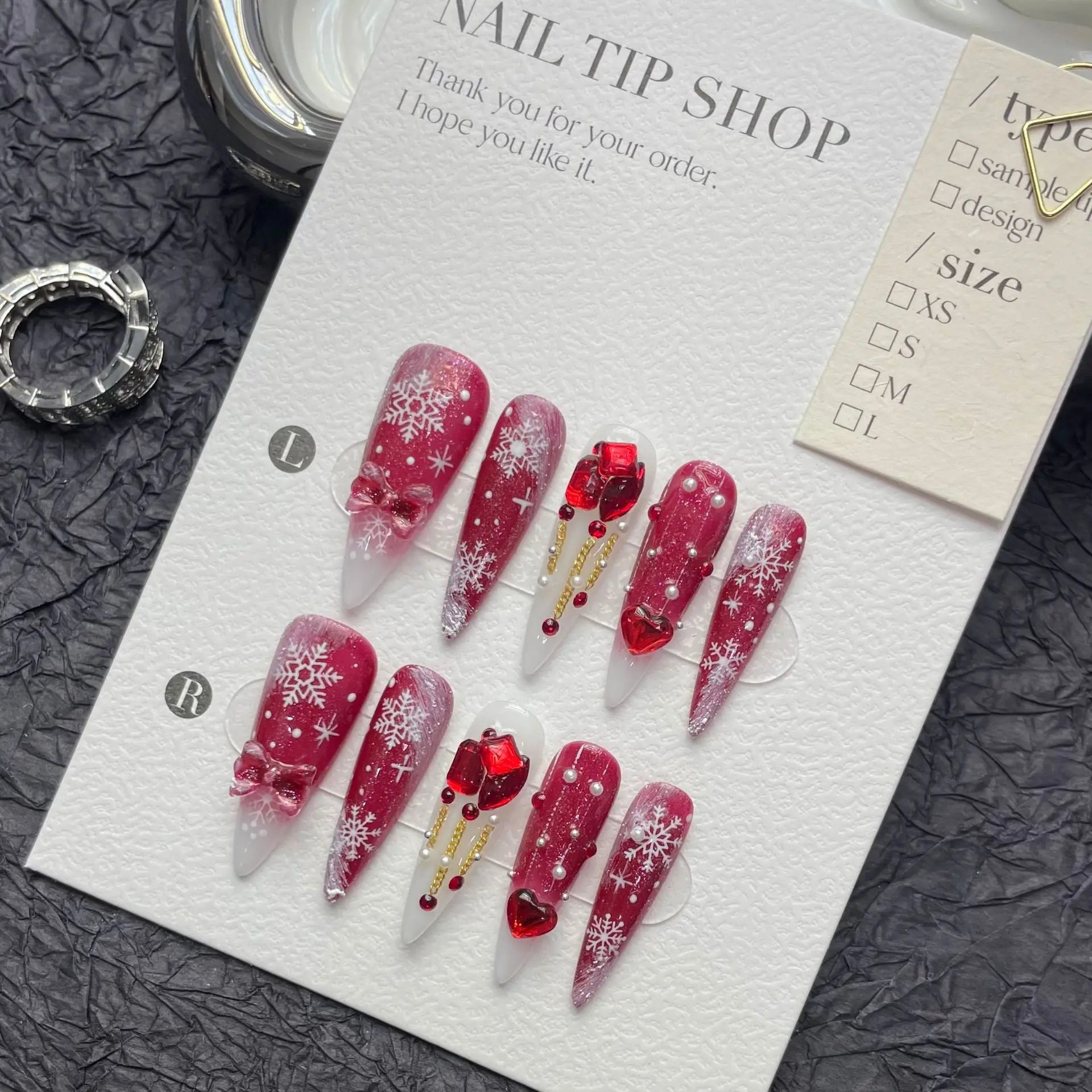 10Pcs Shimmery Christmas Stiletto Almond Handmade False Nails Winter Snowflake Nail Art Red French Full Cover Press on Nail Tips