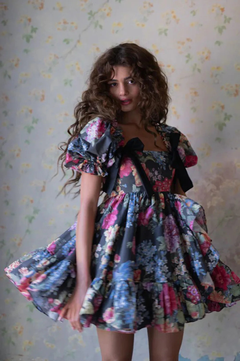 2025  Women Short Sleeve Square Collar Ball Gown Mini Dress Print Color Celebrate Girls's Vacation Celebrate Birthday Outfit