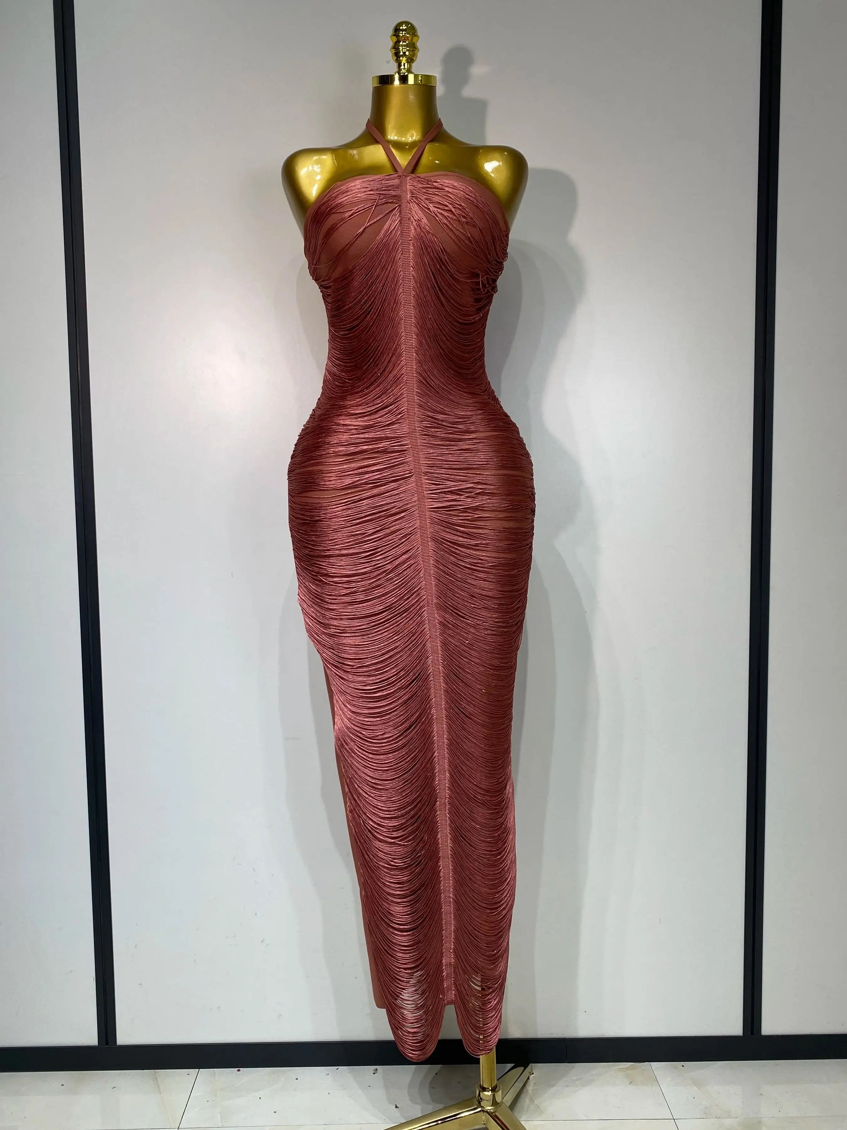Women's Fashion Tassel Split Hanging Neck Bodycon Dress Elegant Celebrity Evening Party Luxuru Birthday Wedding Guest Dress