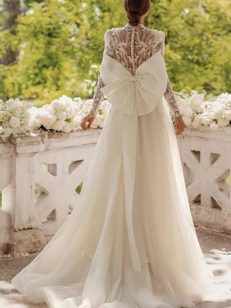 Böhmen Brautkleider Vintage Tüll Brautkleider Spitzen Applikationen Langarmer hoher Nacken A-Line Robe Vestidos de Novia