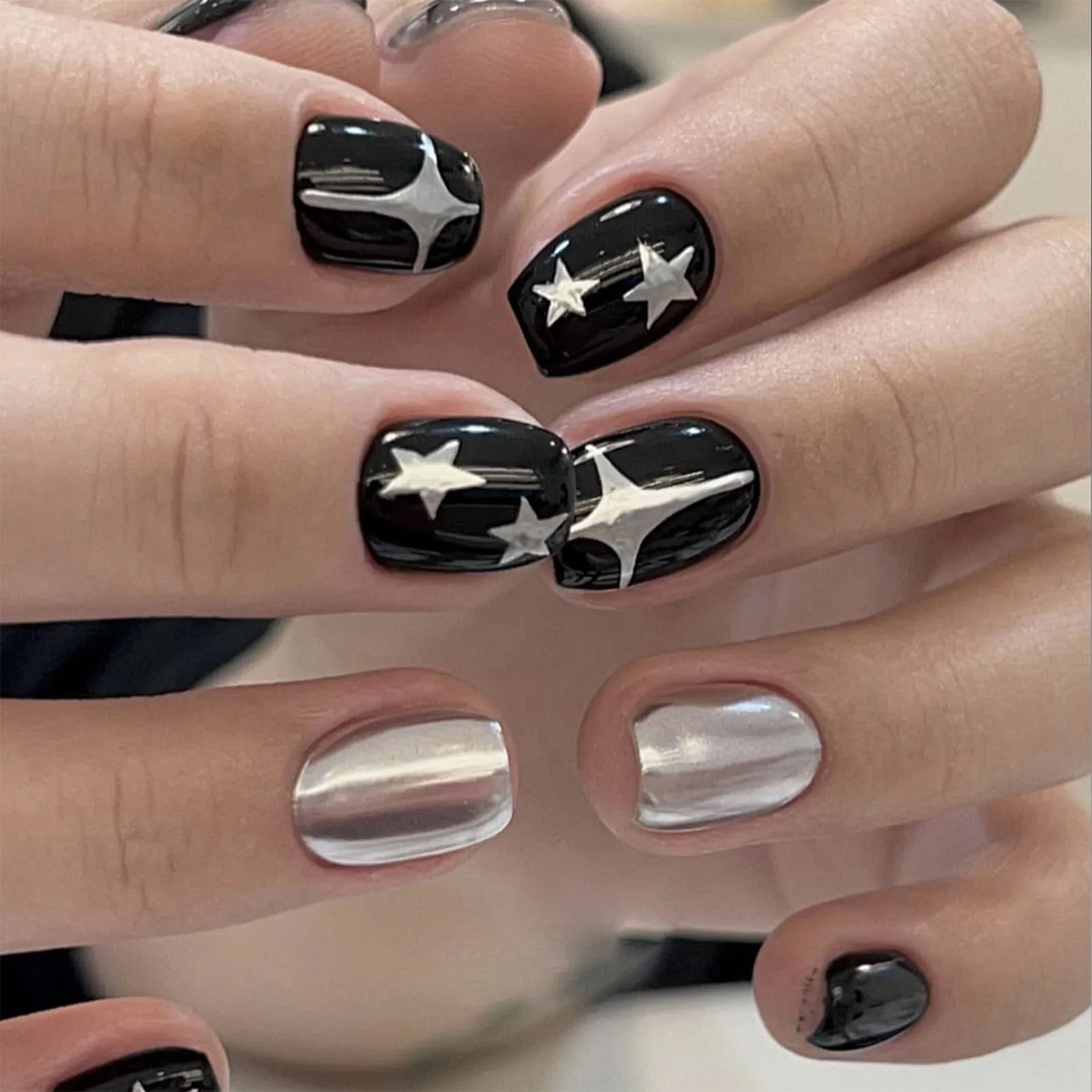 24Pcs Almond Press on Nails Y2K Star Diamond Designs for Cool Girls Nude Color Fake Nails for Women Full Cover False Nail Tips