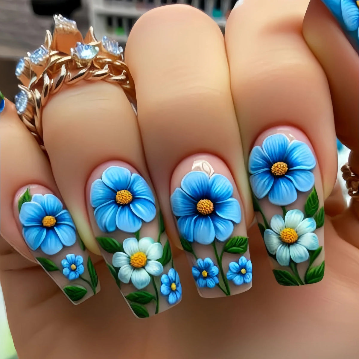 24Pcs Press on Nails Mid-length Square Head Blue Coffin Fashionable Nail Patch Flowers Spring Design Wearable Finished Manicure