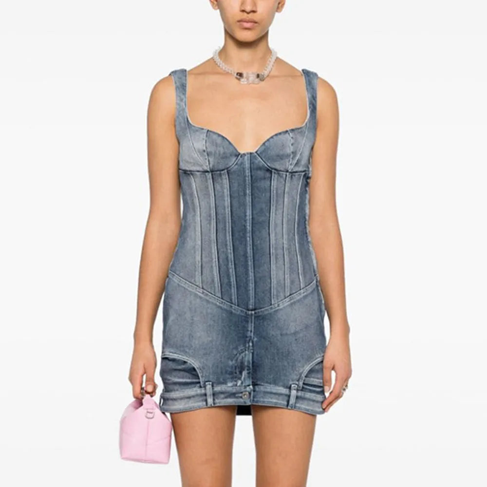 TWOTWINSTYLE Slimming Chic Denim Dresses For Women Square Collar Sleeveless High Waist Backless Mini Dress Female Fashion New