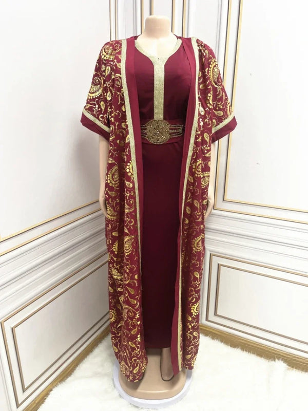 Print Muslim Abaya For Women Eid Dress 2 Piece Set Morocco Ramadan Belted Abayas Kaftan Islam Cardigan Dubai Arab Long Robe