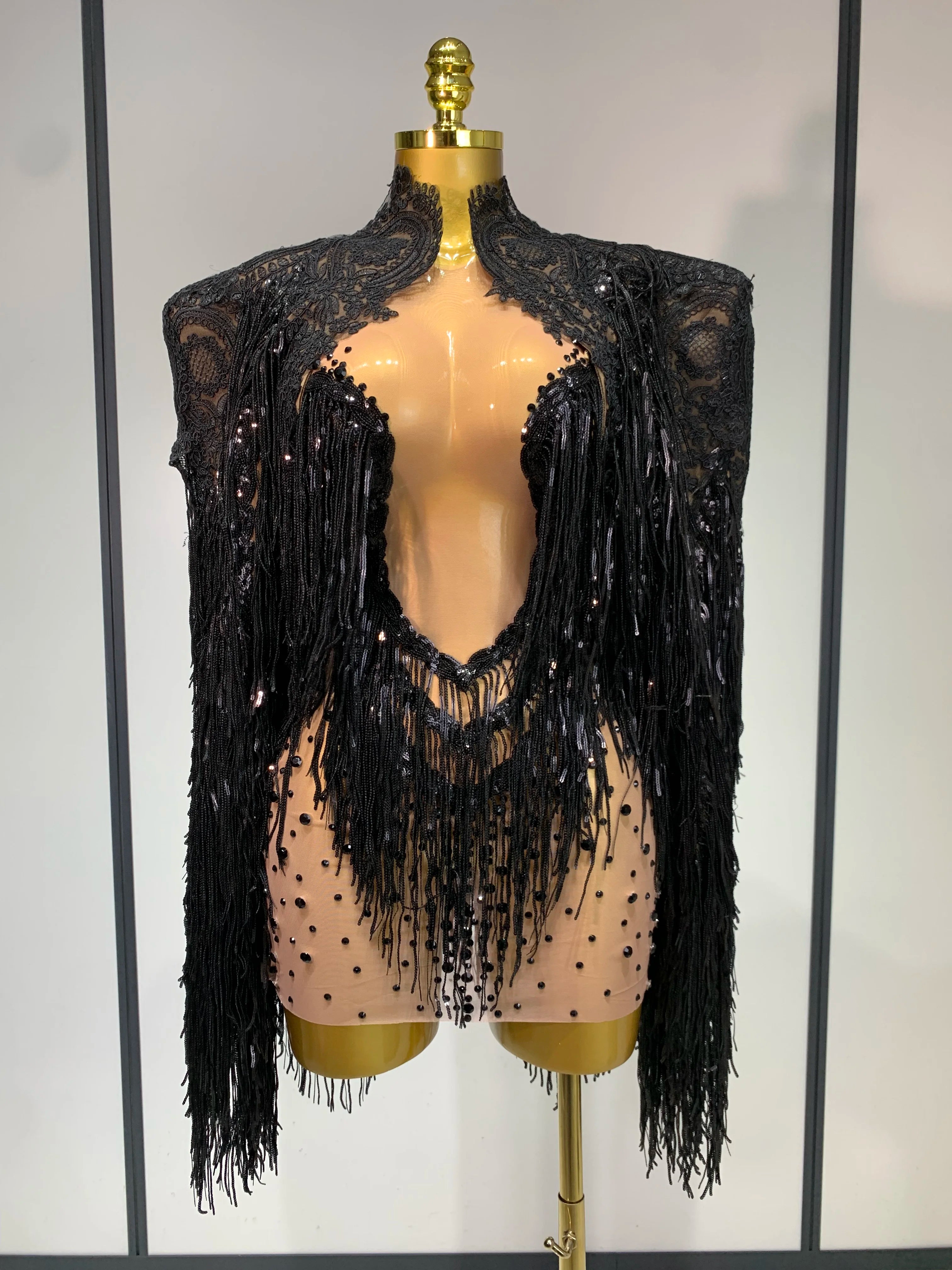 Women Sexy Transparent Long Sleeve Bodycon Dress Two Piece Set Luxury Sequin Fringes Evening Party Celebrity Performance Costume
