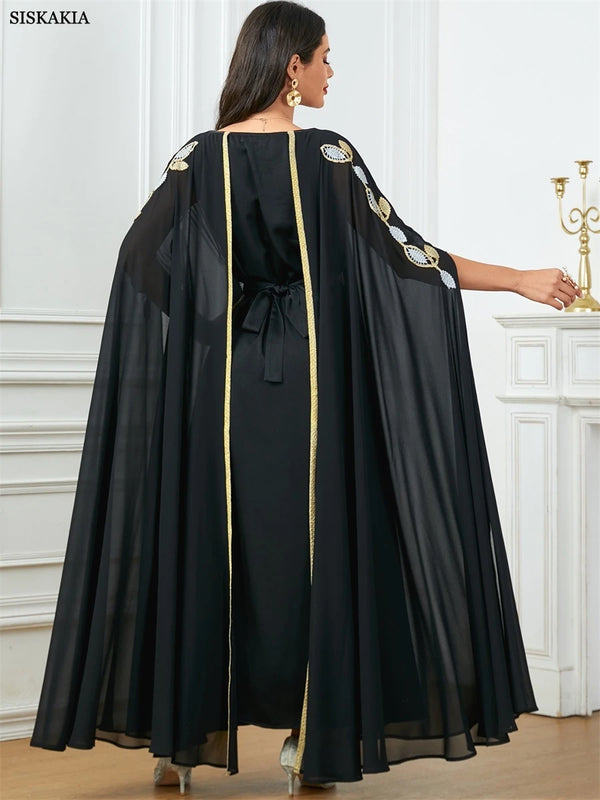 Elegant Casual Super Long Sleeve Party Gown Moroccan Saudi Appliques Belted Dresses Turkish African Abayas Arab Kaftan