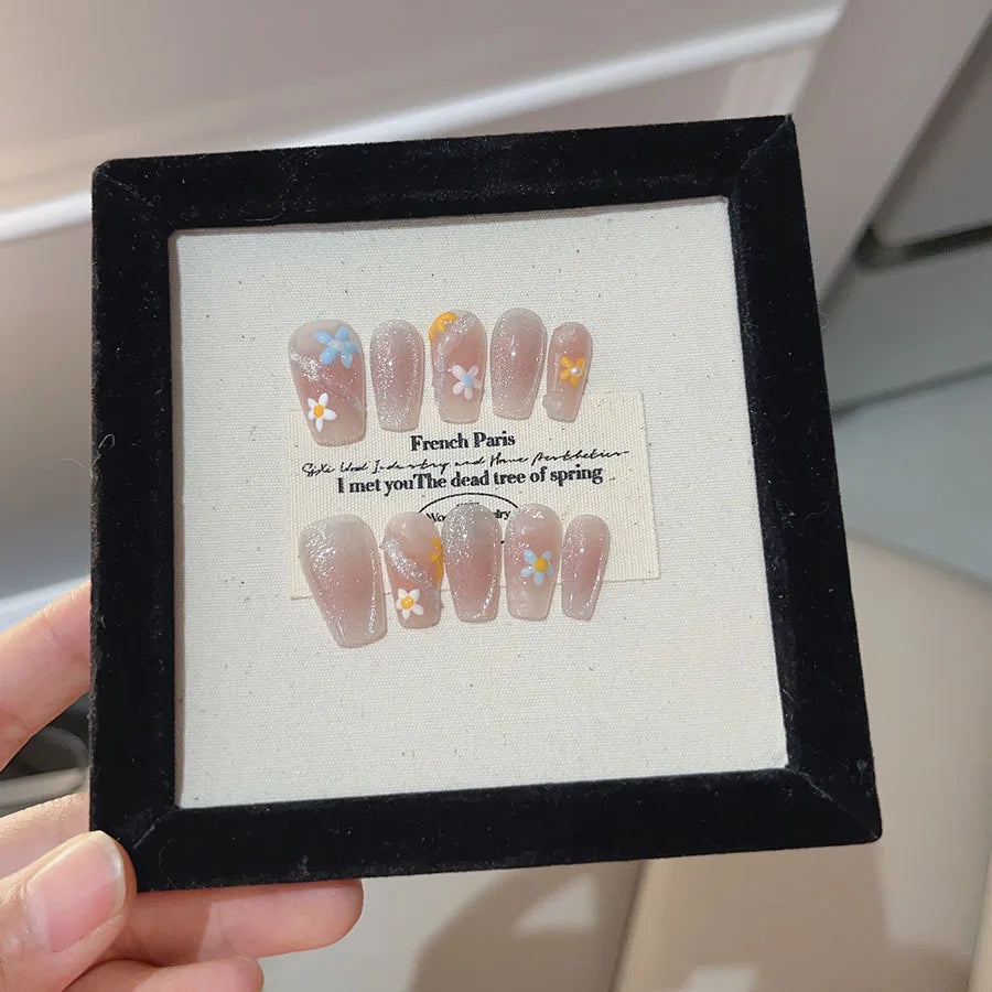 10Pcs Sweet Ballerina Handmade False Nails with Shiny Diamond Cloisonne Nail Art 3D Cute Floral Pink Blush Fake Nail Acrylic Tip