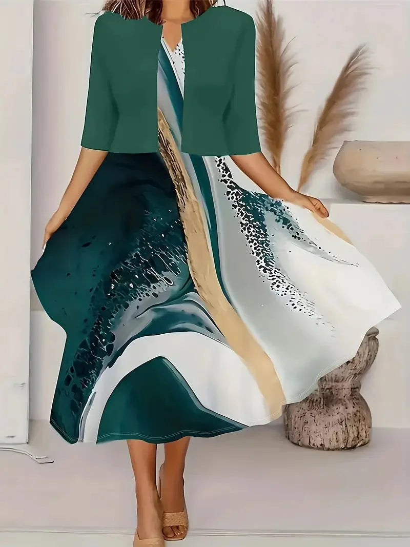 New for summer 2024! Eu-us Fall Women's 2 long Dress Set - floral and grass print crew neck dress with chiffon short coat