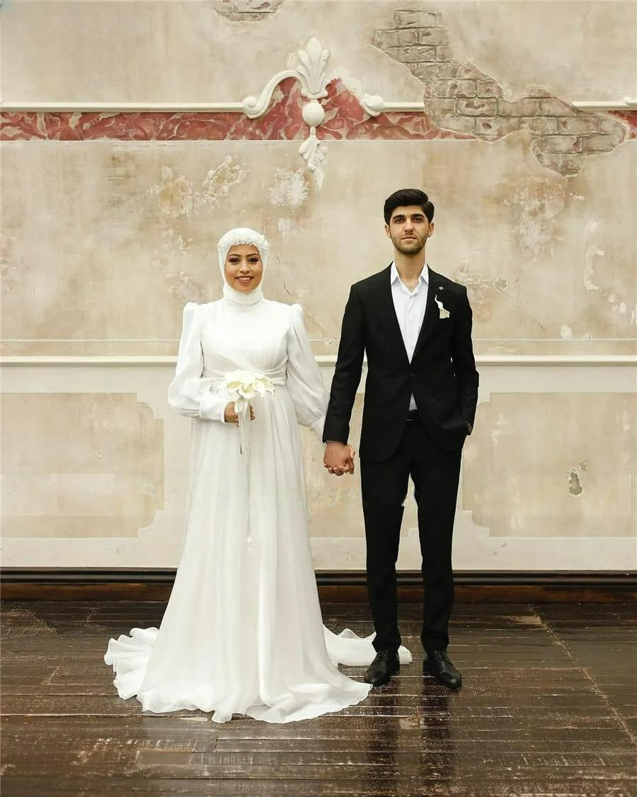 A-Line Hijab Wedding Dress Vintage Off White Chiffon Muslim Wedding Gowns Trouwjurk Long Bridal Dresses with Veils