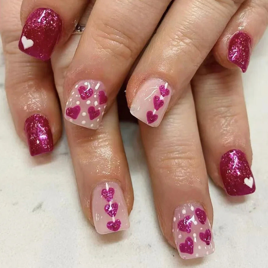24Pcs Short Glitter False Nails Black Red Sweet Cool Press on Nails Love Valentine Wearing Nail Art Full Cover French Fake Nail