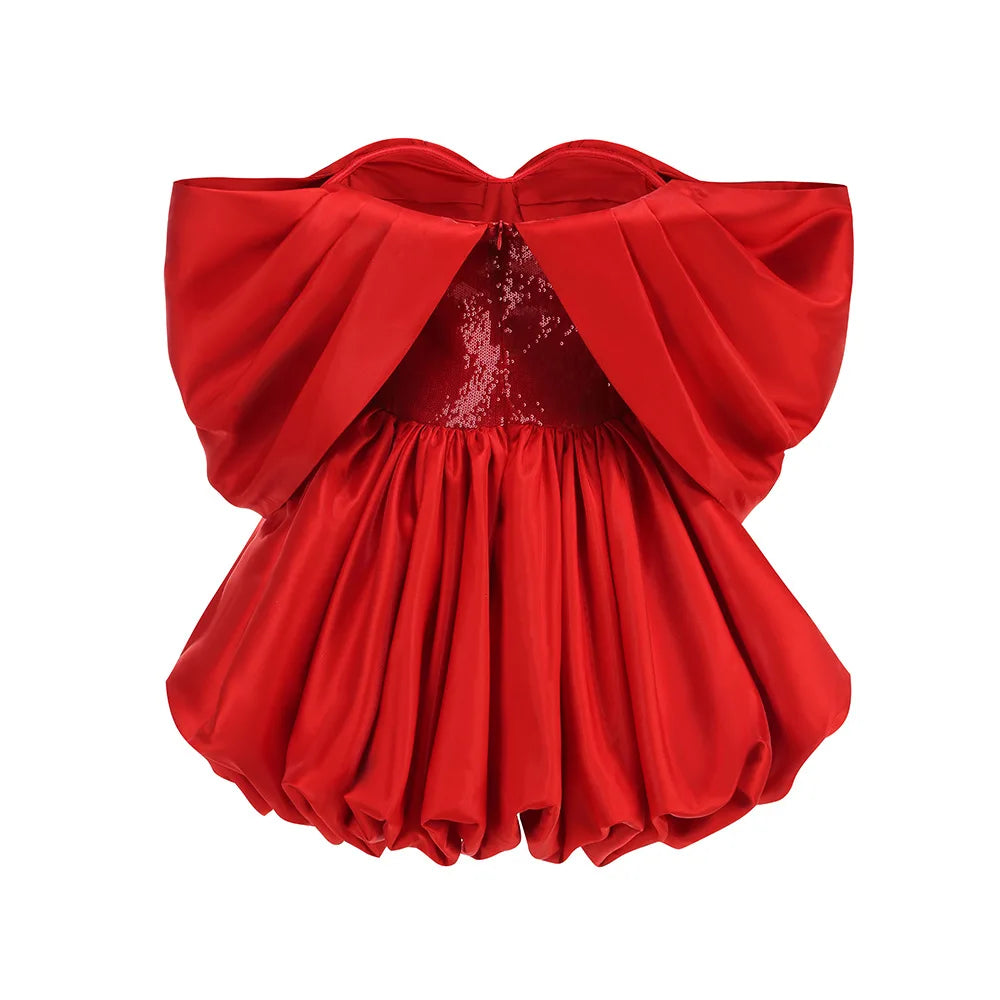 2025 New Spring Red Color Women Sexy Strapless Ball Gowm Mini Shinning Sequins Dress Celebrate Birthday Party Christmas Dress