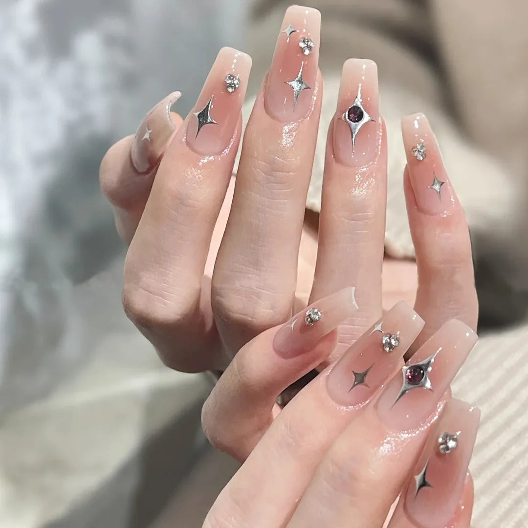 24Pcs Almond Press on Nails Y2K Star Diamond Designs for Cool Girls Nude Color Fake Nails for Women Full Cover False Nail Tips