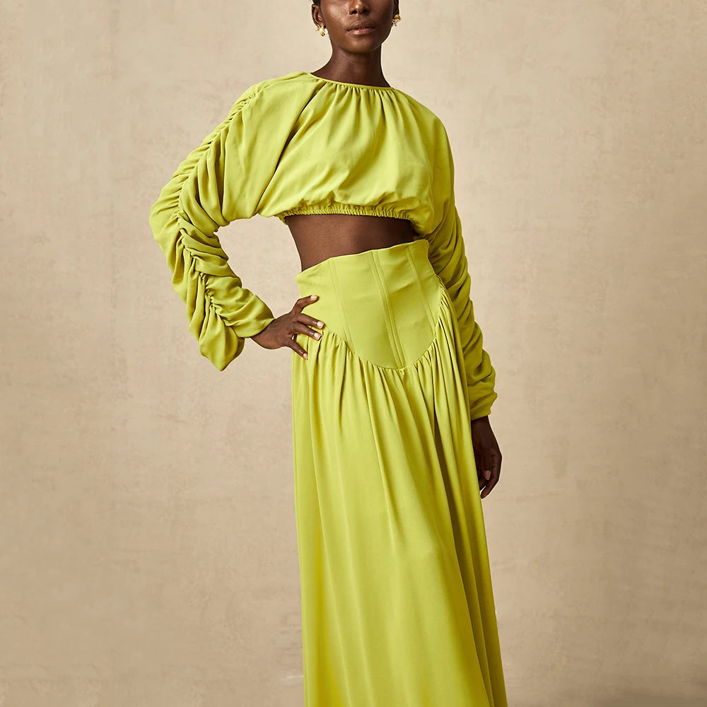 TWOTWINSTYLE Solid Two Piece Sets for Women Round Neck Long Sleeves Spliced Folds Top High Waist Skirt Loose Set Female Clothing