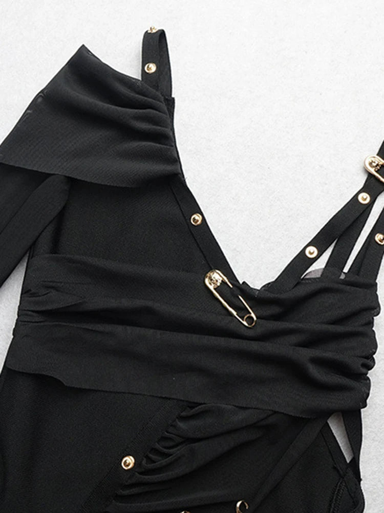 TWOTWINSTYLE Patchwork Paper Clip Dress For Women Diagonal Collar One Shoulder Sleeve High Waist Split Designer Dresses Female