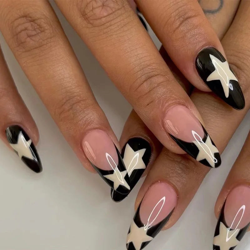 24Pcs Almond Press on Nails Y2K Star Diamond Designs for Cool Girls Nude Color Fake Nails for Women Full Cover False Nail Tips