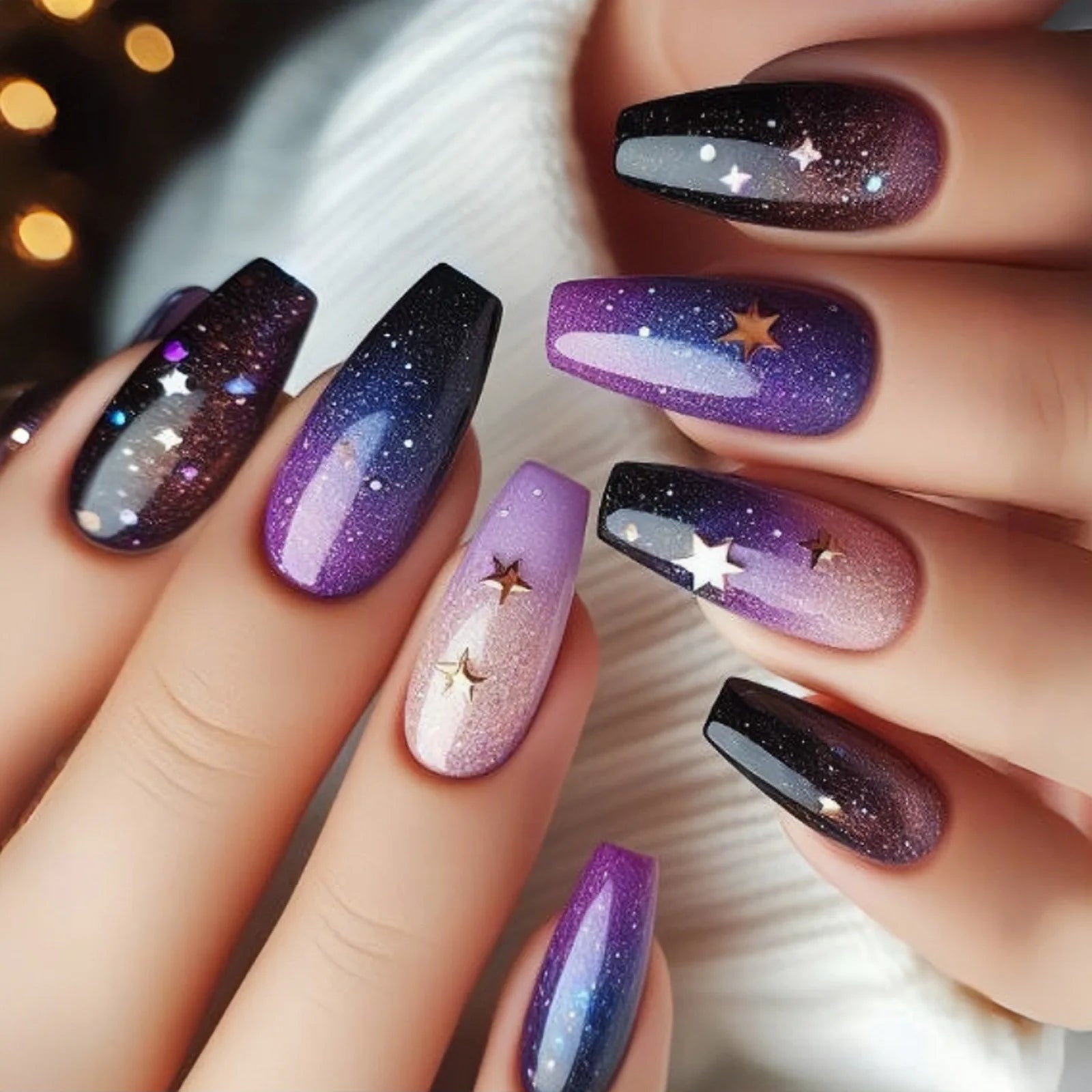 24Pcs Short Colorful Fake Nails French Ballet Star Moon Nail Art Stickers with Shiny Dreamy Wearable Full Cover Finger Press On