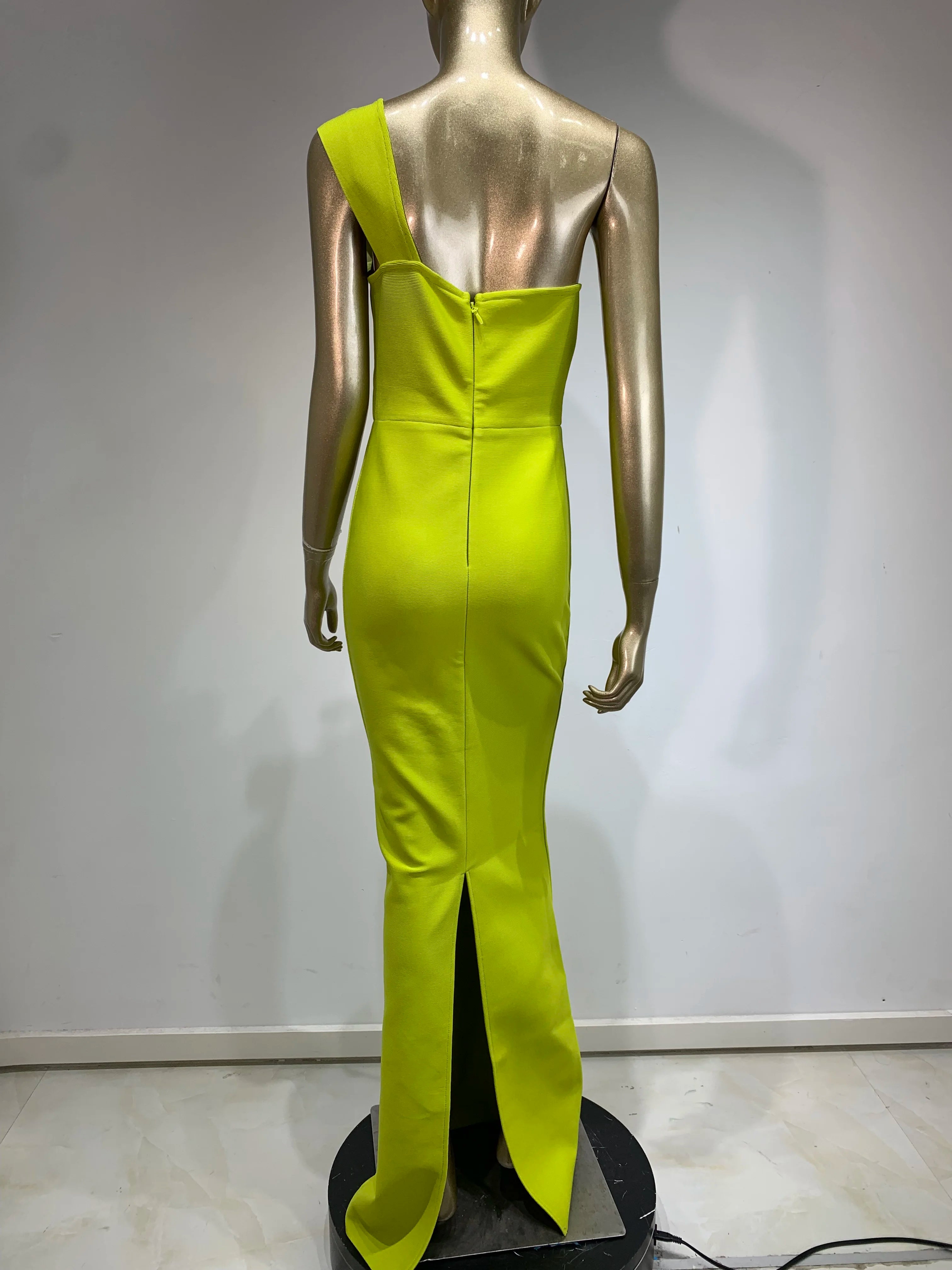 Women Celebrity Sexy One Shoulder Green Flower Maxi Long Bodycon Bandage Dress Elegant Evening Club Party Dress